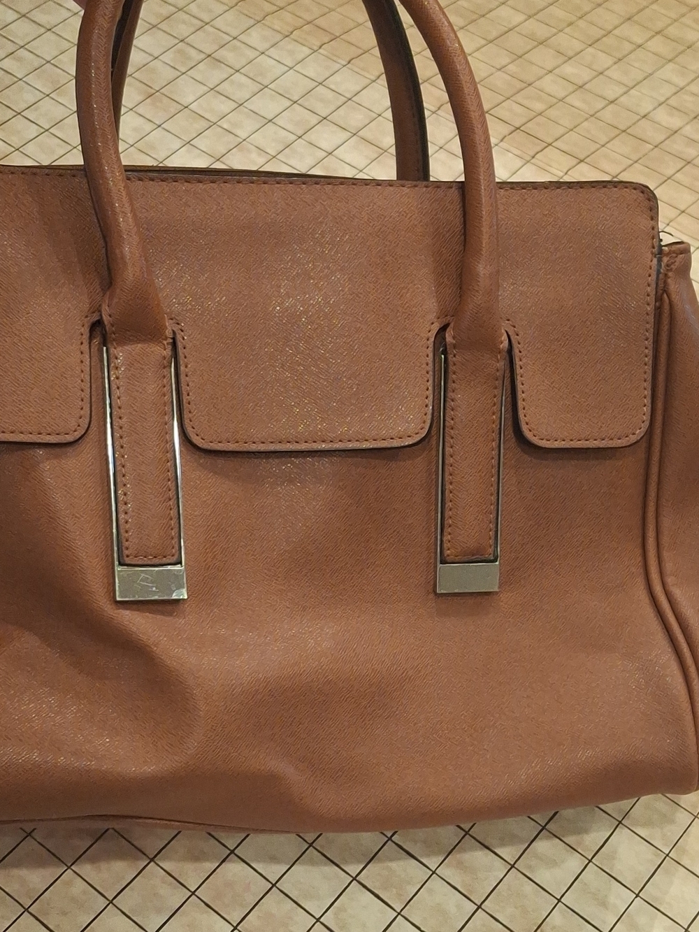 Christian Siriano Tan Leather Structured Shoulder Bag with Silver Accents